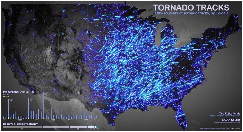 Historical paths of tornadoes