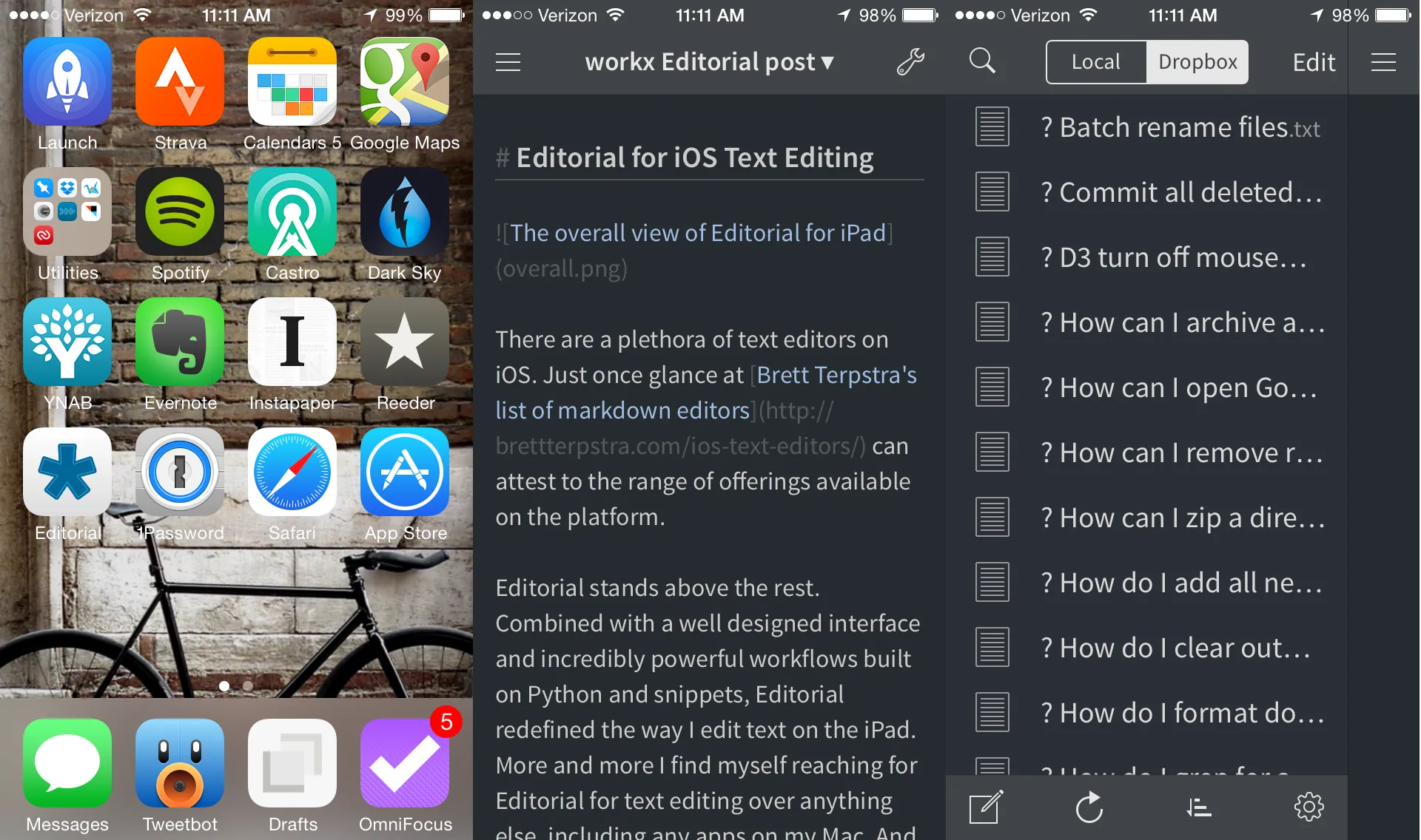 Previewing the iPhone home screen icon, text editing pane, and navigation pane