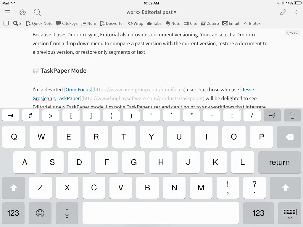 They keyboard interface includes access to undo, snippets, and common Markdown characters