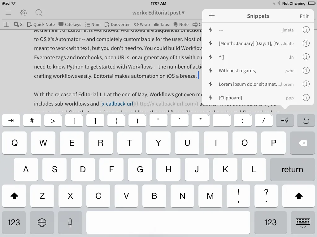 The list of snippets installed in my Editorial