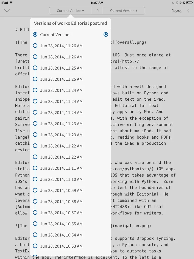 Viewing the list of versions in Editorial