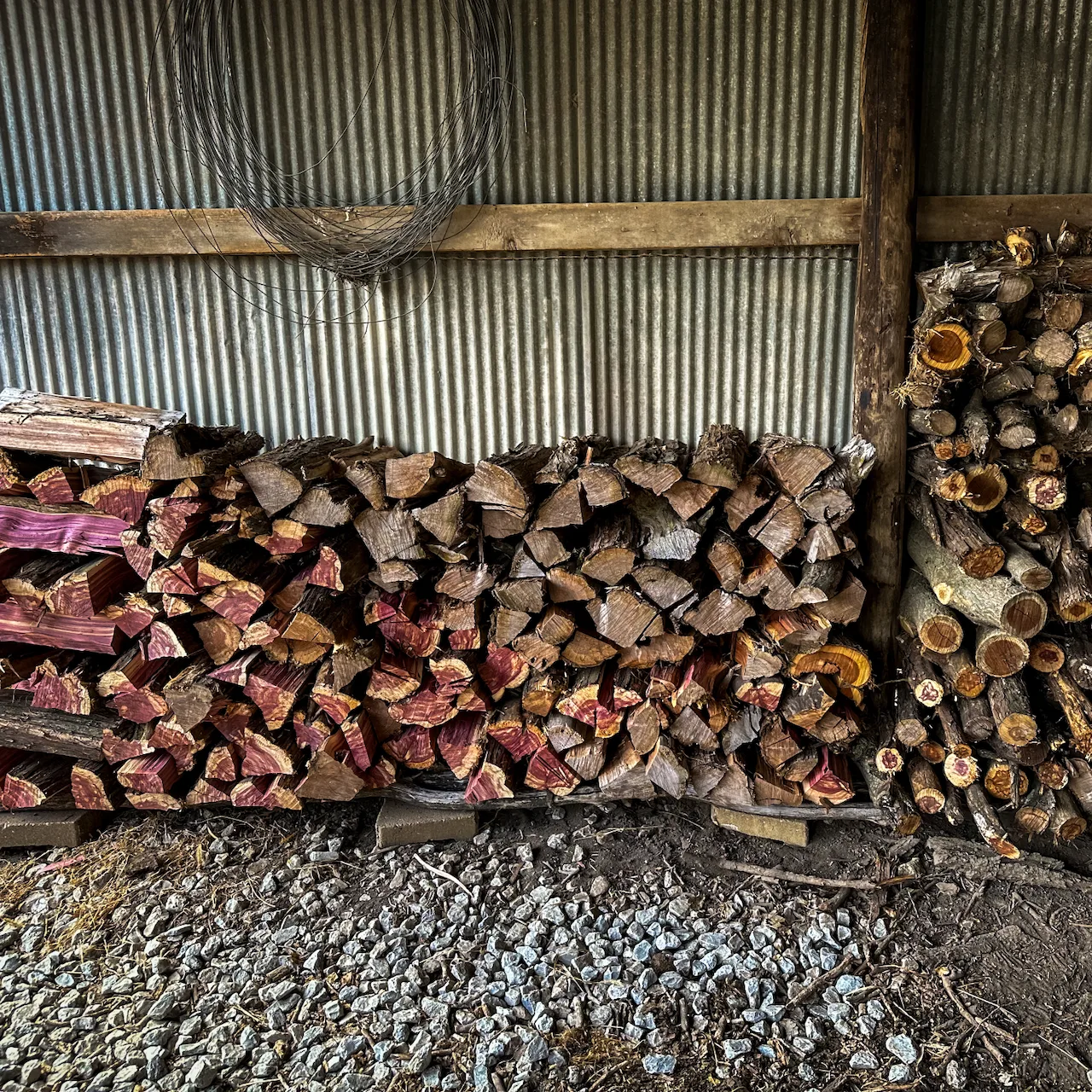 A stack of chopped firewood is neatly arranged under a corrugated metal and wooden shed.