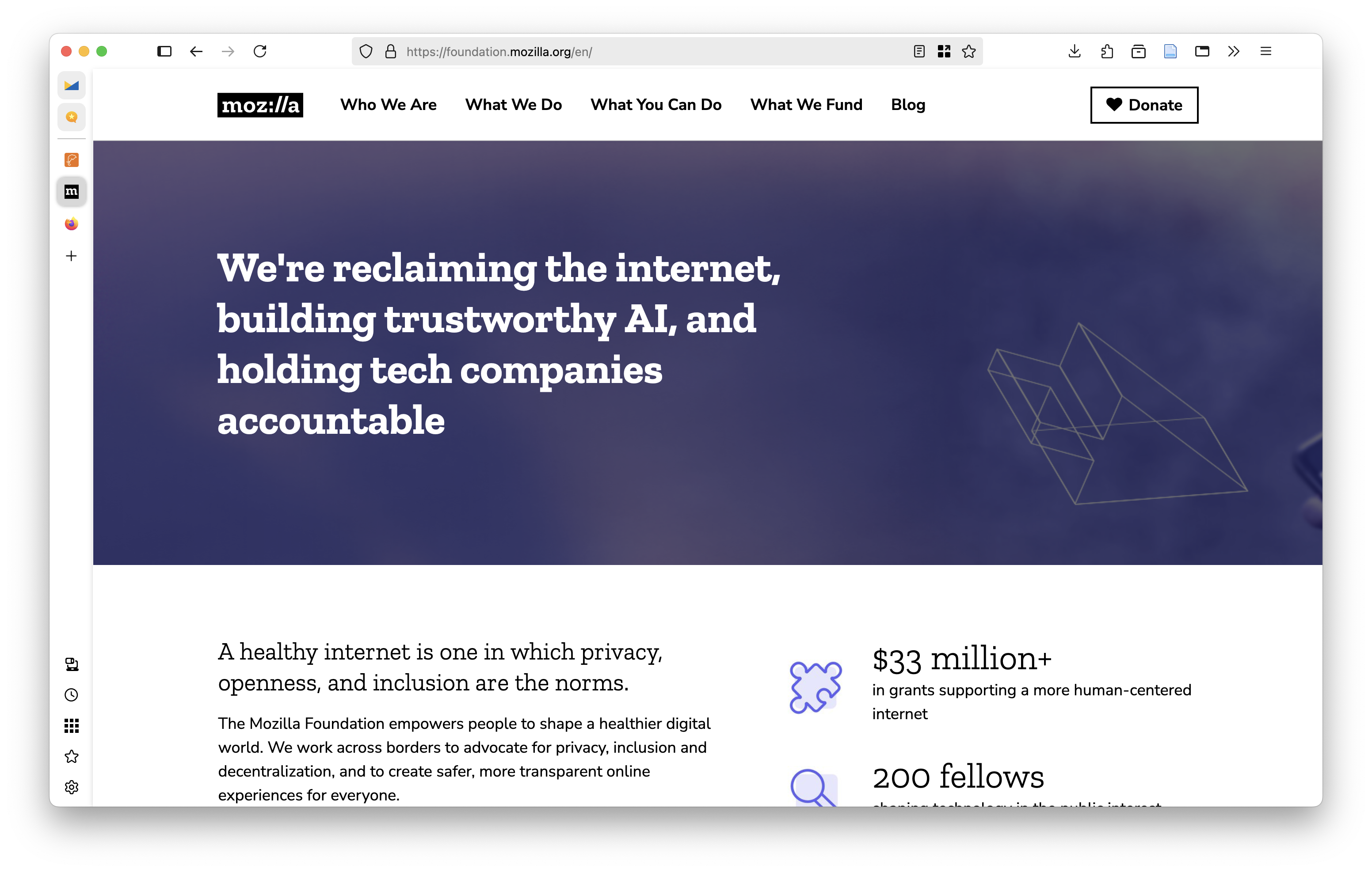 Auto-generated description: A webpage featuring Mozilla's mission statement about internet privacy, AI trust, and accountability for tech companies, along with grant and fellowship details.