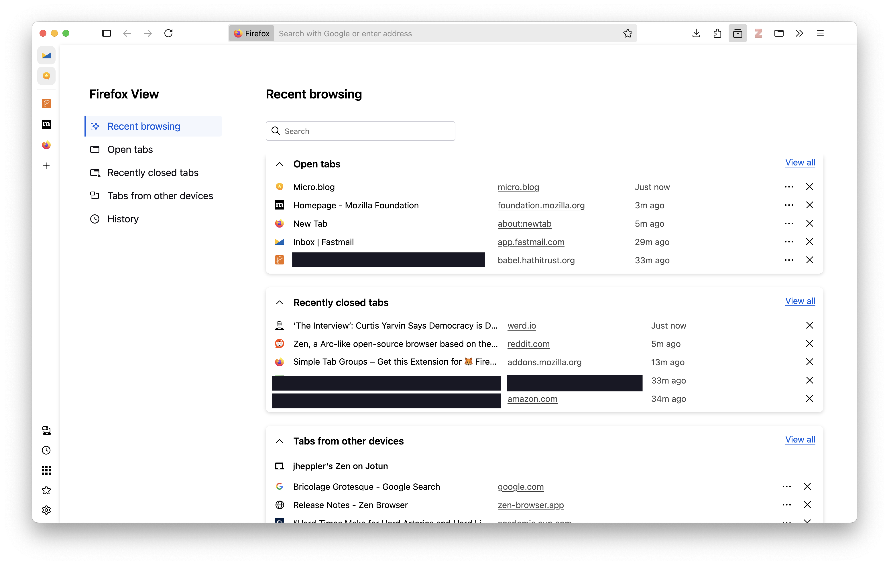 Auto-generated description: A screenshot of the Firefox browser displays the Recent browsing section, showing a list of open and recently closed tabs alongside a sidebar menu with several navigation options.