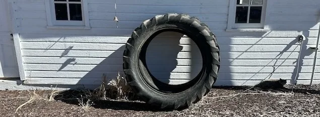 A large tire leans against a white wooden building in bright sunlight.