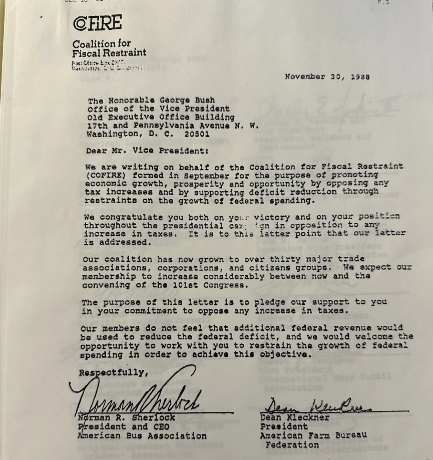 Auto-generated description: A letter from the Coalition for Fiscal Restraint, dated November 30, 1988, congratulates Vice President George Bush on his election victory and urges him to focus on decreasing taxes and government spending.