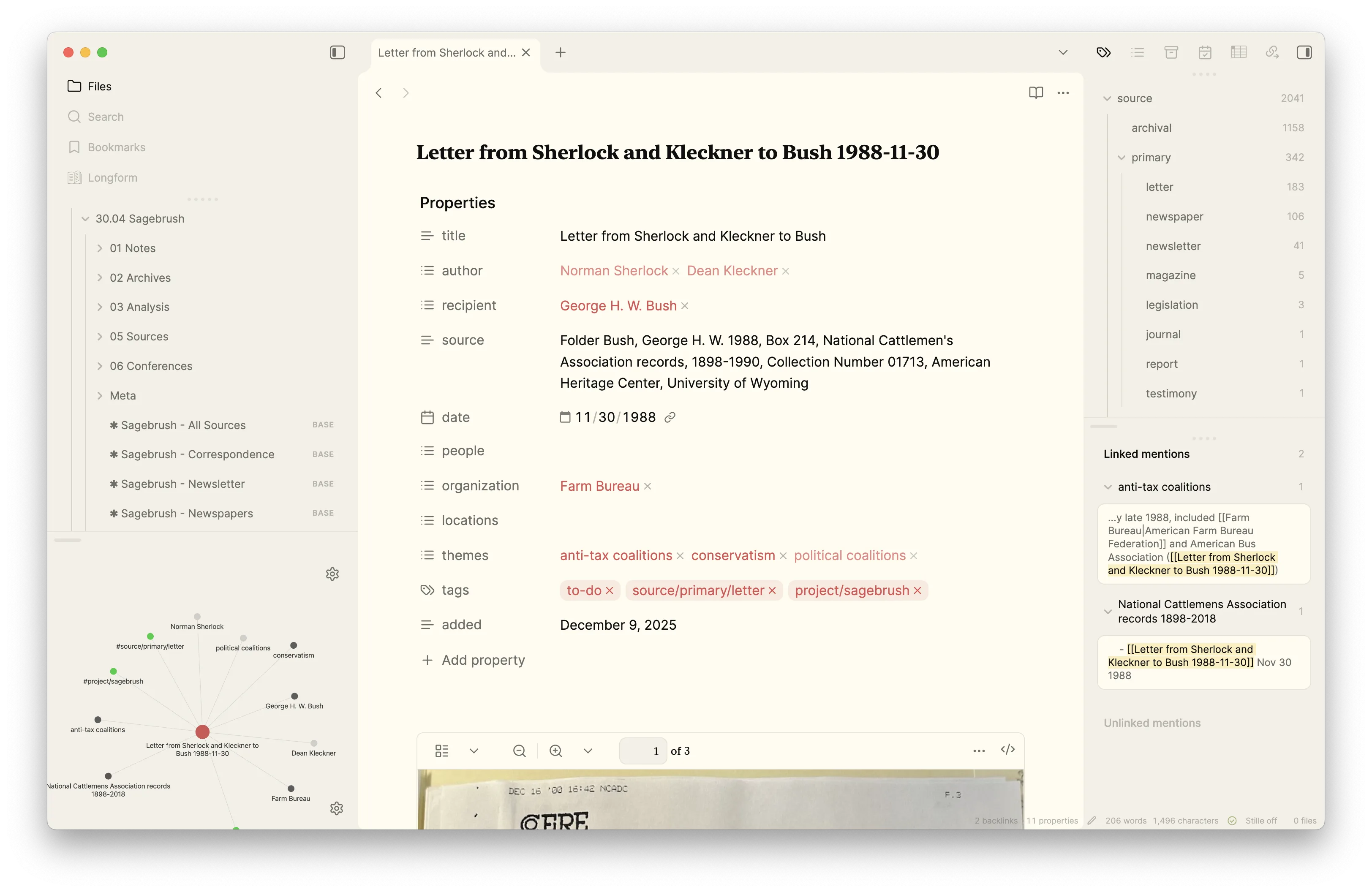 Obsidian displays metadata for a letter sent from Sherlock and Kleckner to Bush on November 30, 1988, including properties like author, recipient, and location.