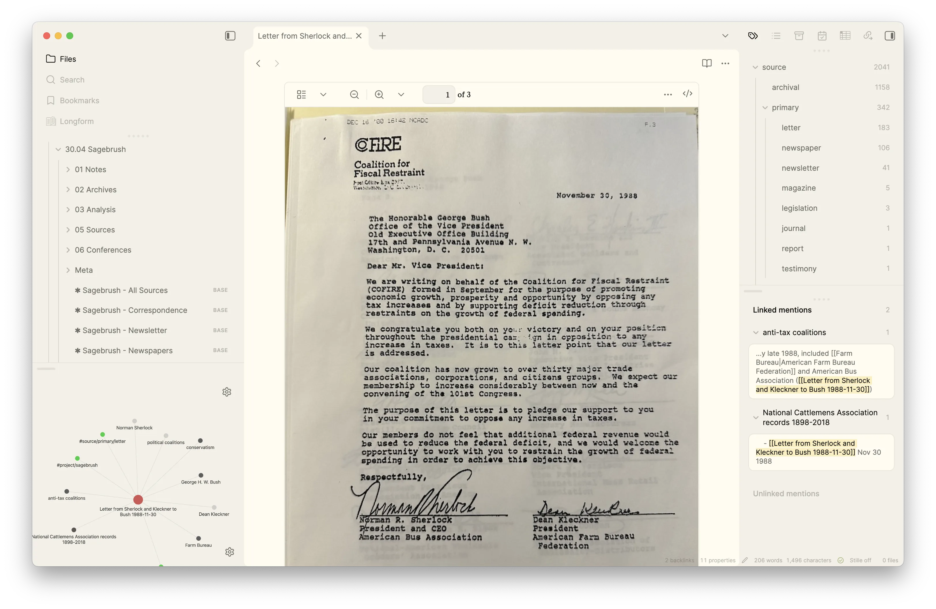 A letter addressed to then-Governor George Bush from the Coalition for Fiscal Responsability is displayed on a computer screen, with a network graph and file directory visible on the left side.