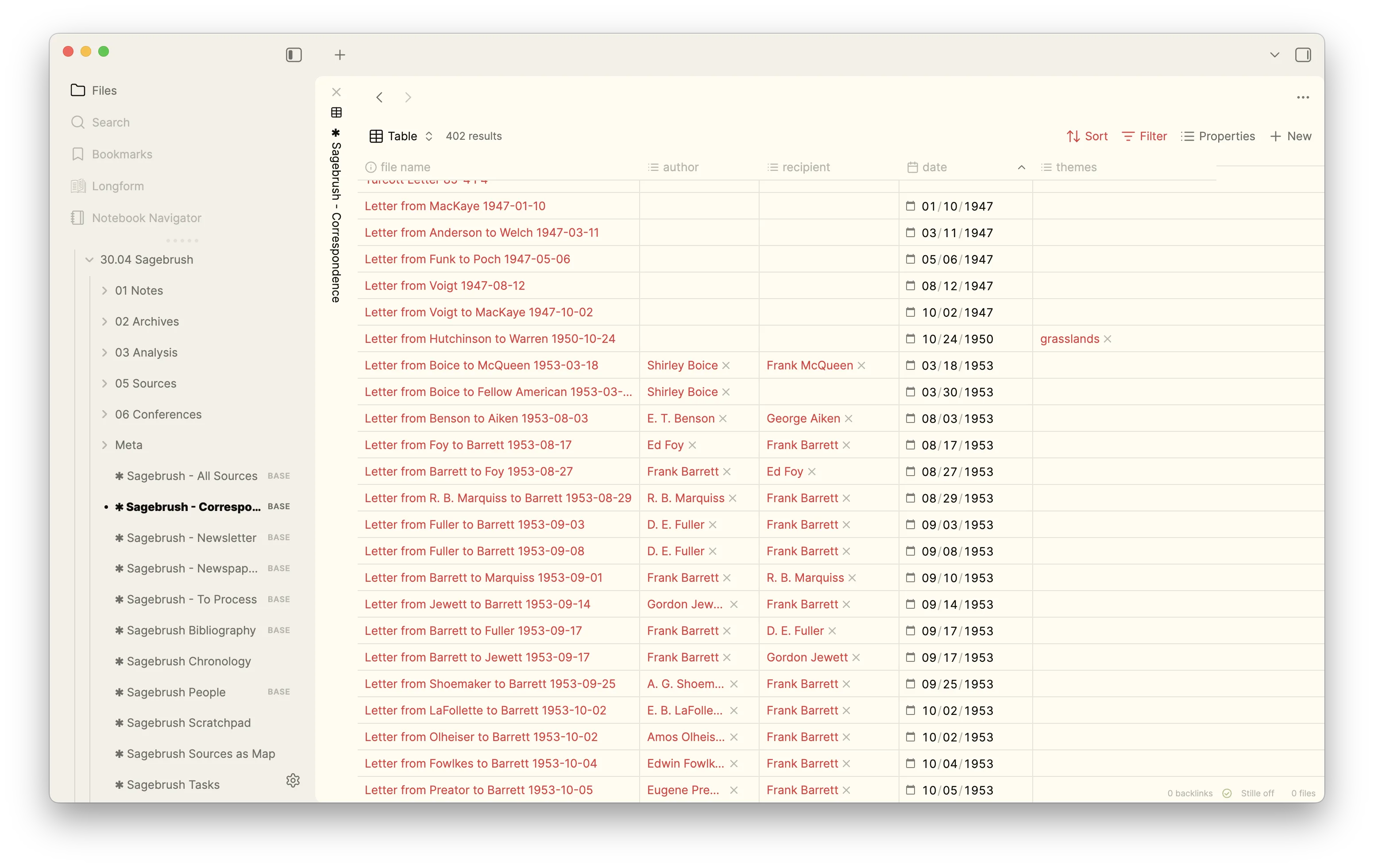 Obsidian Bases showing a chronologically sorted list of correspondence.